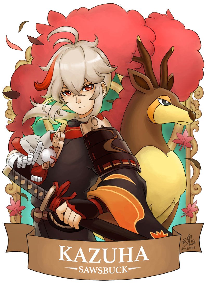 Download Genshin Impact Pokemon Sawsbuck (Pokémon) Kaedehara Kazuha (Genshin Impact) Video Game Crossover Art