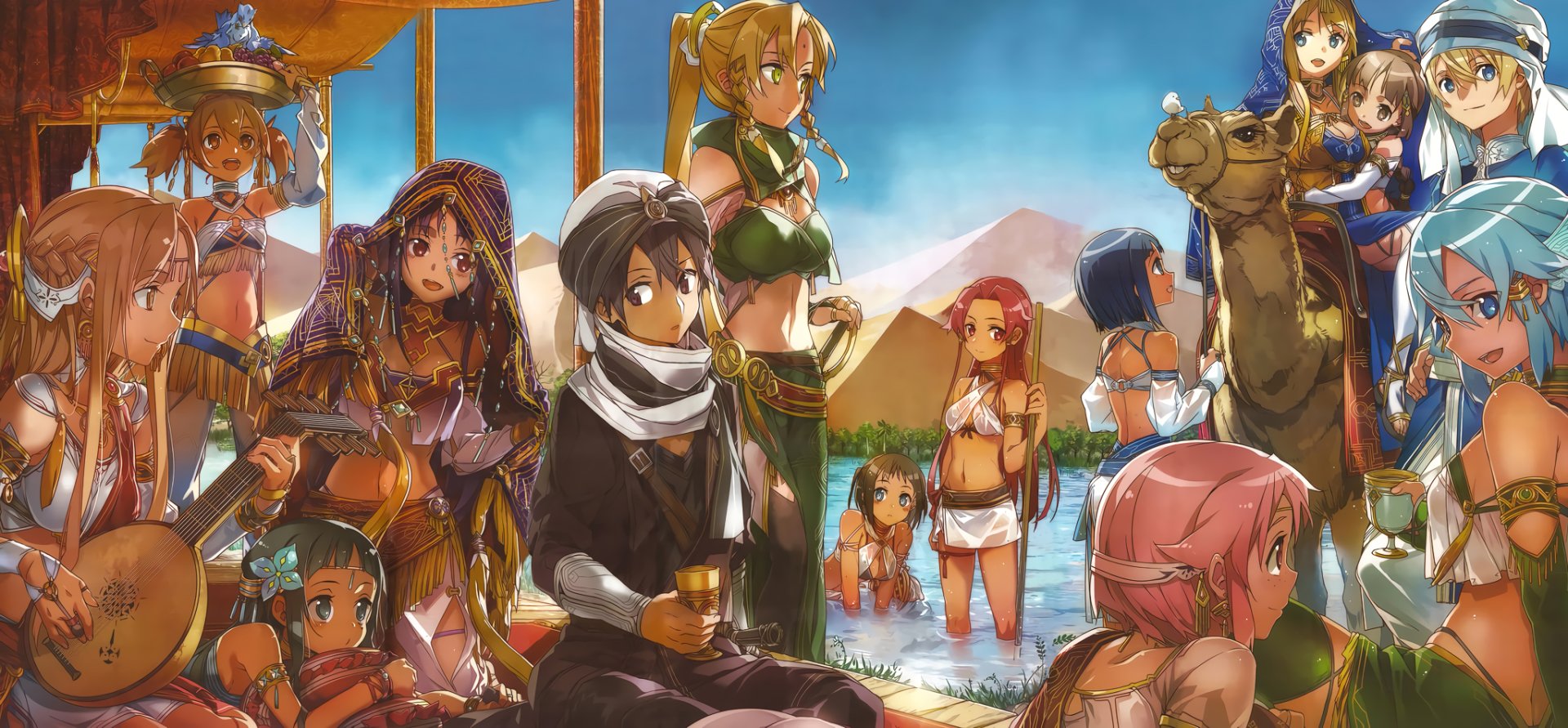 A vibrant gathering of characters from Sword Art Online, including Yuuki Konno, Alice Zuberg, Eugeo, and Kirito, enjoying a lively moment by the water in an anime setting.