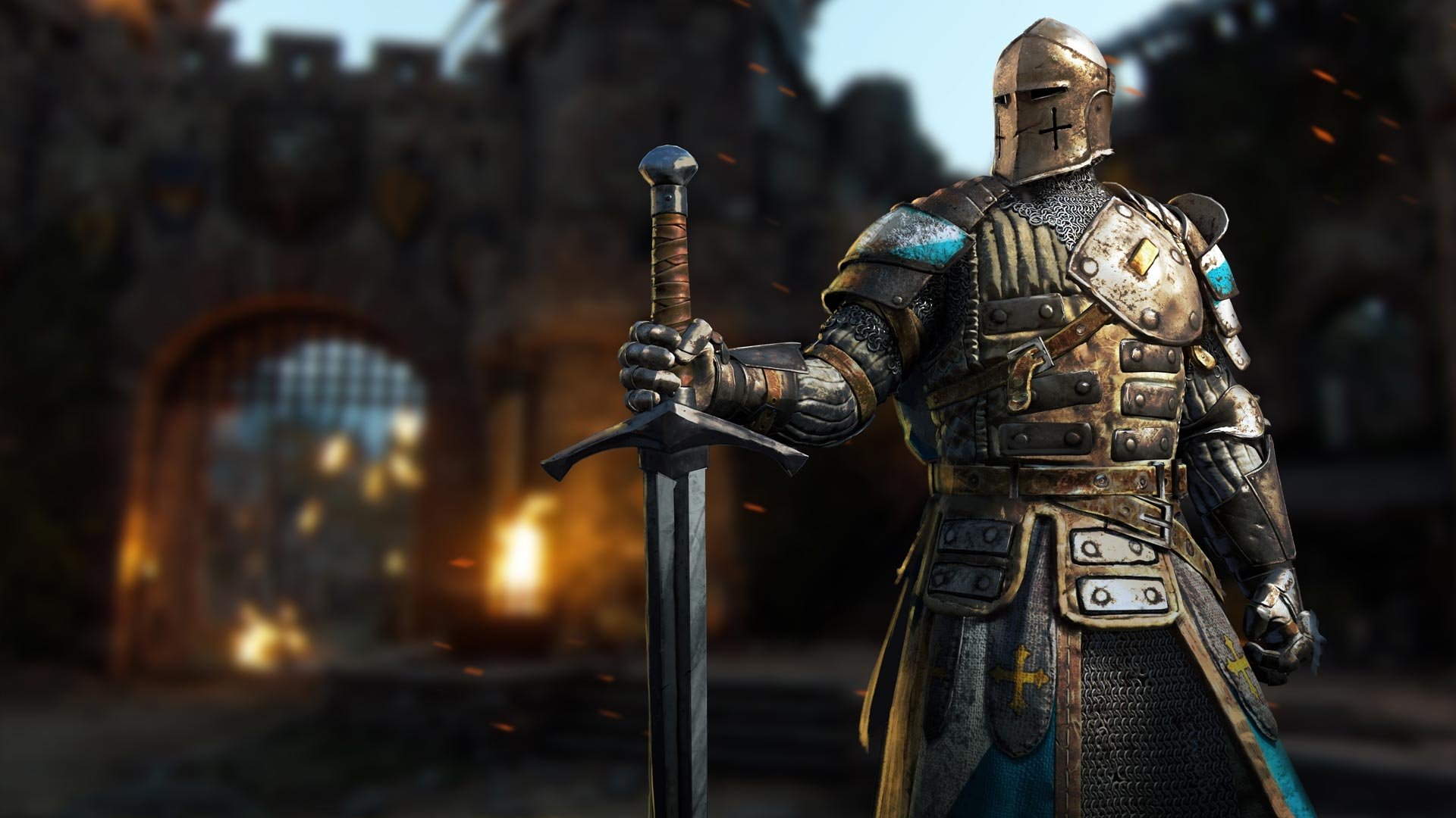 A formidable knight clad in shining armor holds a sword, standing confidently in the midst of a battlefield from the video game For Honor, with a medieval backdrop.