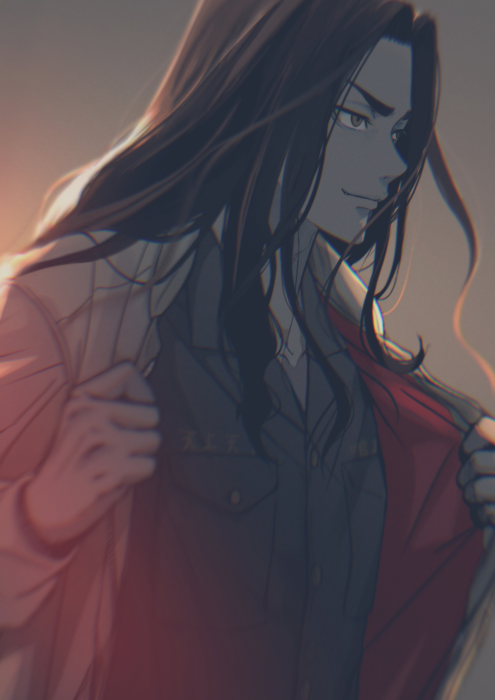 Anime-style image of Keisuke Baji from Tokyo Revengers, depicted with long dark hair and a confident expression while adjusting his jacket.