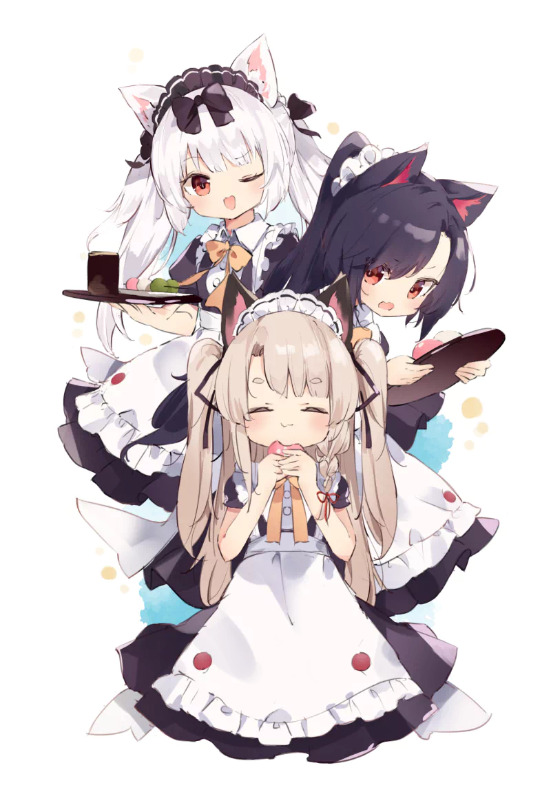 Anime image of three cat-eared Azur Lane maids — Shigure, Yuudachi, and Yukikaze — in frilly maid outfits, serving tea and sweets with playful, smiling expressions.