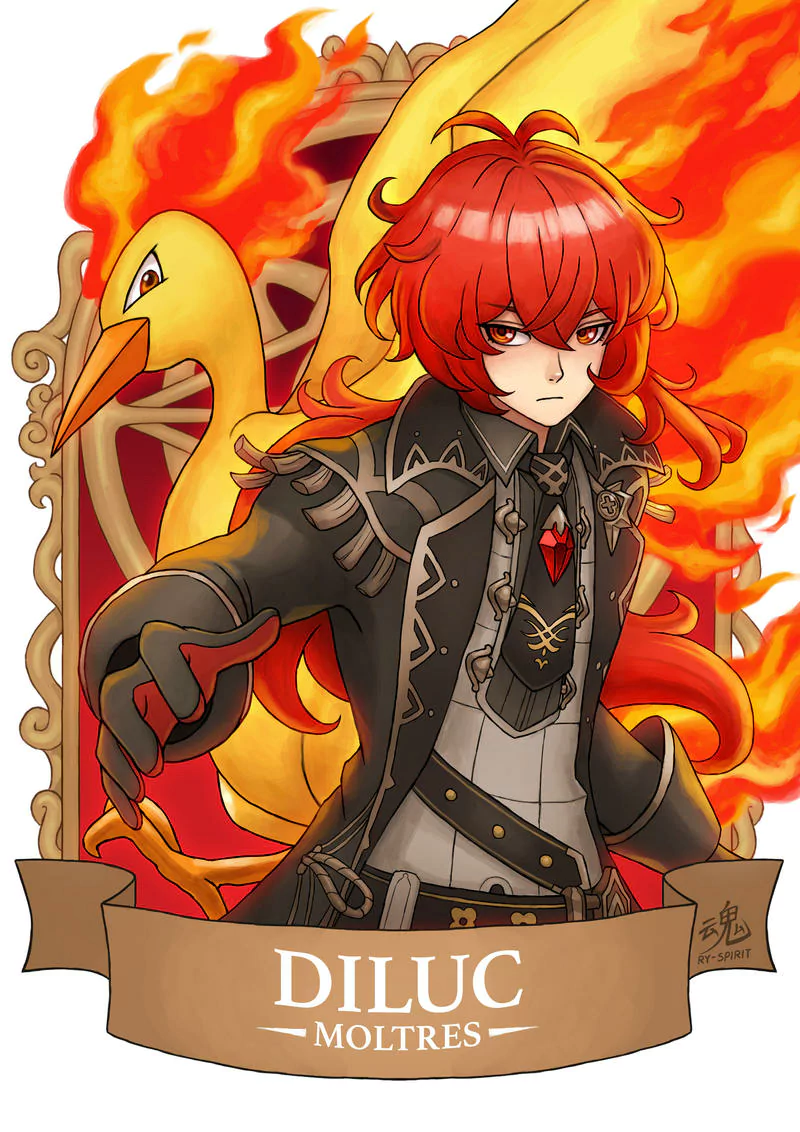 Genshin Impact Pokemon Moltres (Pokémon) Diluc (Genshin Impact) video game crossover Image
