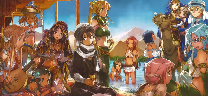 A vibrant gathering of characters from Sword Art Online, including Yuuki Konno, Alice Zuberg, Eugeo, and Kirito, enjoying a lively moment by the water in an anime setting.