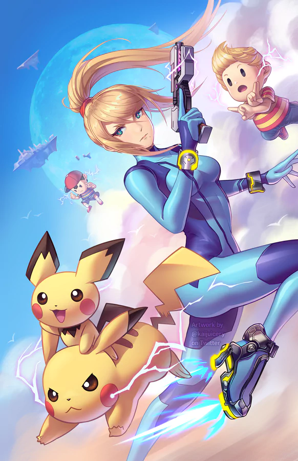 Pikachu Pichu (Pokémon) Samus Aran Lucas (Mother) Ness (EarthBound) video game Super Smash Bros. Image