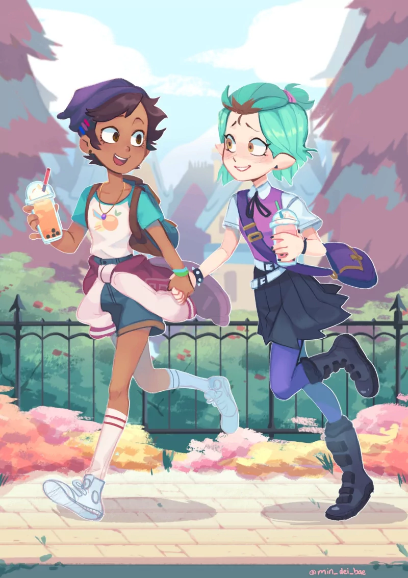 Luz Noceda and Amity Blight (The Owl House) hold hands and laugh while skipping along a tree-lined path, each carrying a drink and wearing casual/school outfits.