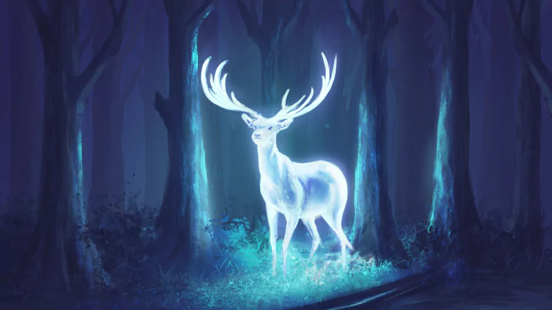 A glowing, ethereal deer stands in a dark, enchanted forest, radiating a magical blue light that illuminates the surrounding fantasy woodland.