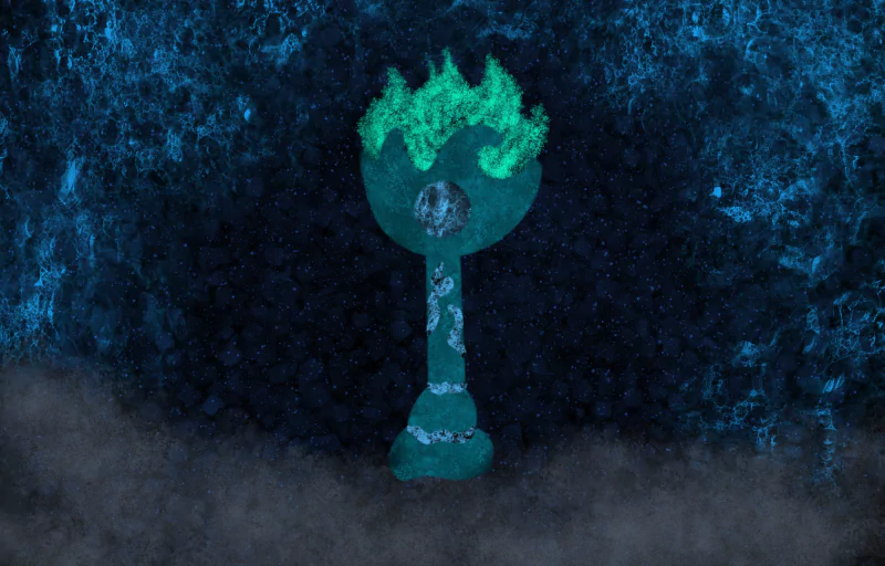 Artistic fantasy scene: a glowing green flame crowns a rune-inscribed staff or key rising from mist against a textured, starry blue-black backdrop.