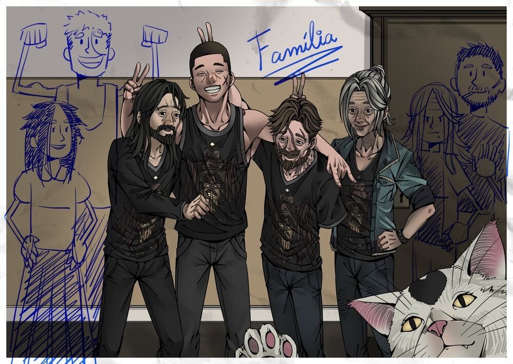 Illustration featuring four characters posing with smiles and playful gestures, with sketches in the background and a cat in the foreground, related to the TV show Ordem Paranormal.