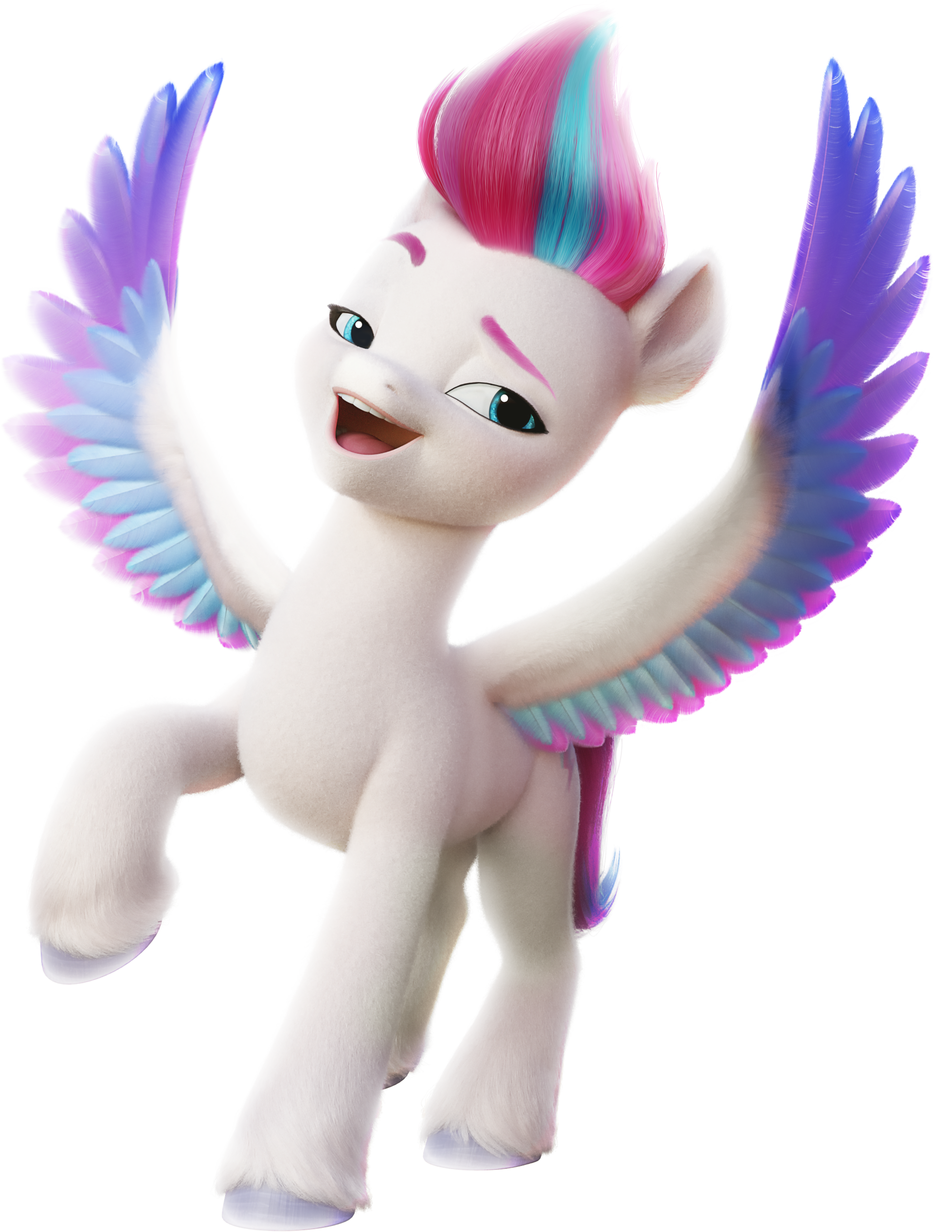 Zipp Storm, a white winged pony with a pink and blue mohawk, from the movie My Little Pony: A New Generation, poses with wings spread wide and a confident smile.