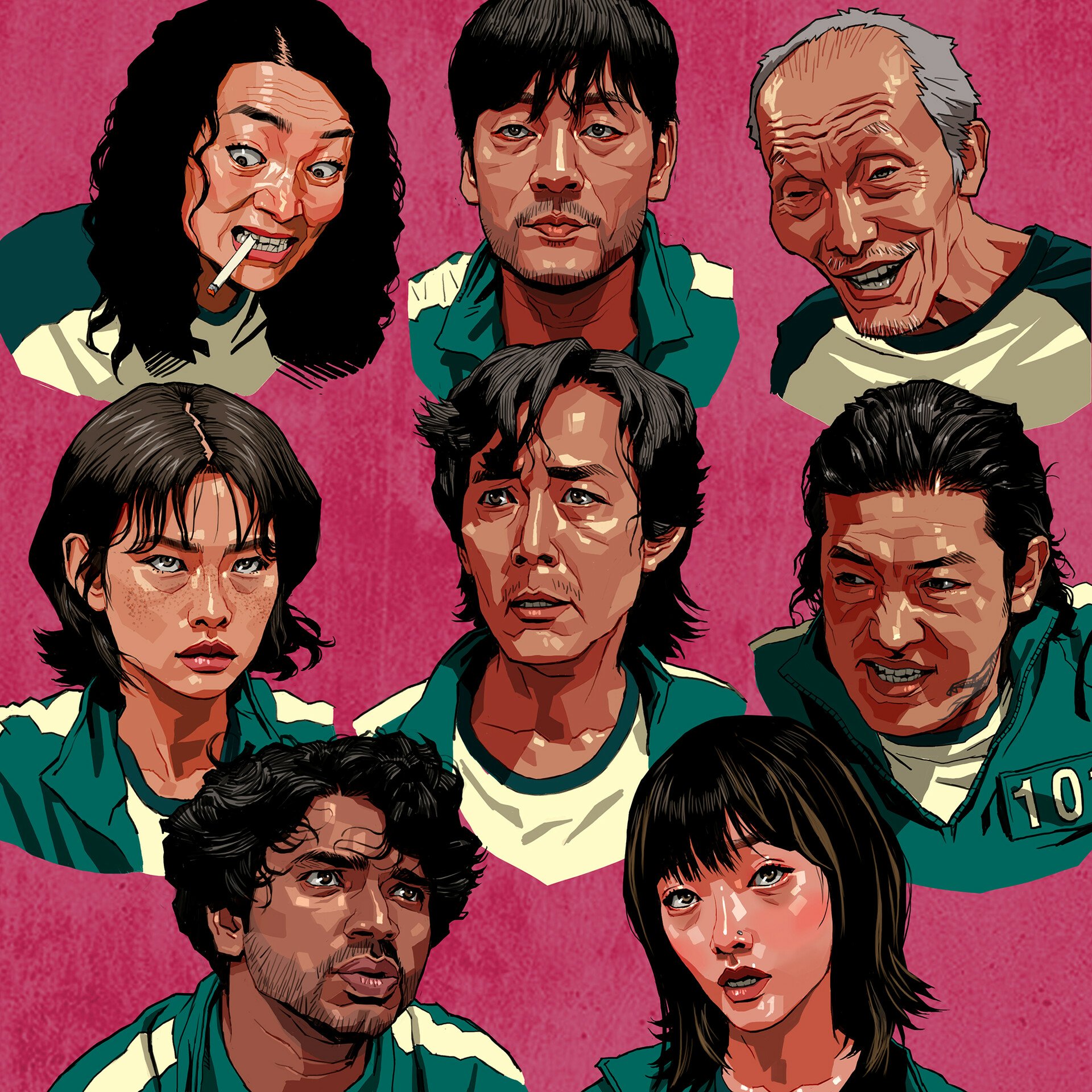 Illustration of main characters from the TV drama Squid Game, depicted with intense expressions against a bold pink background.