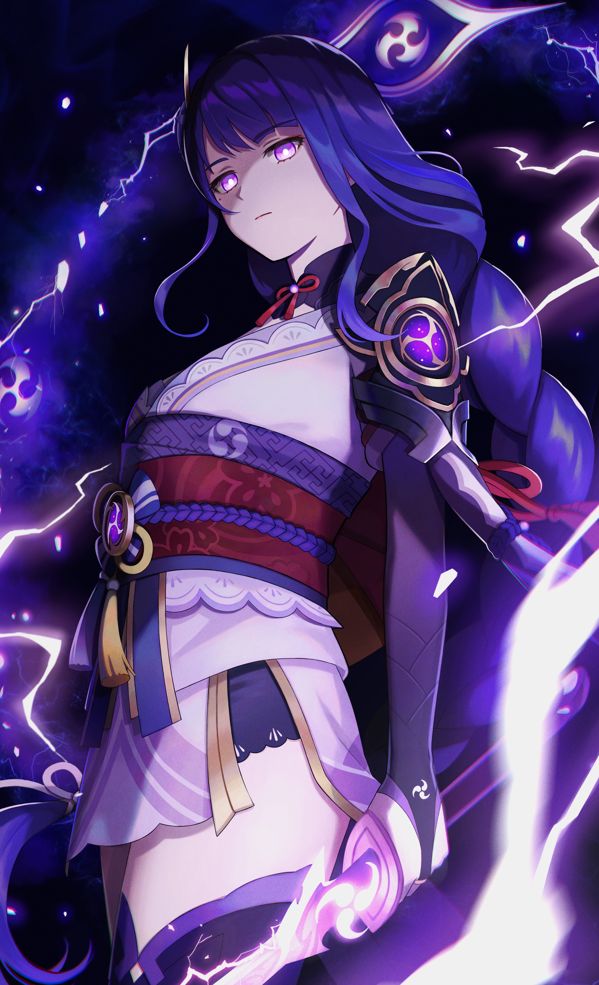 Baal Raiden Shogun from Genshin Impact stands surrounded by glowing purple energy and symbols, wielding an electrified weapon in this dynamic video game artwork.