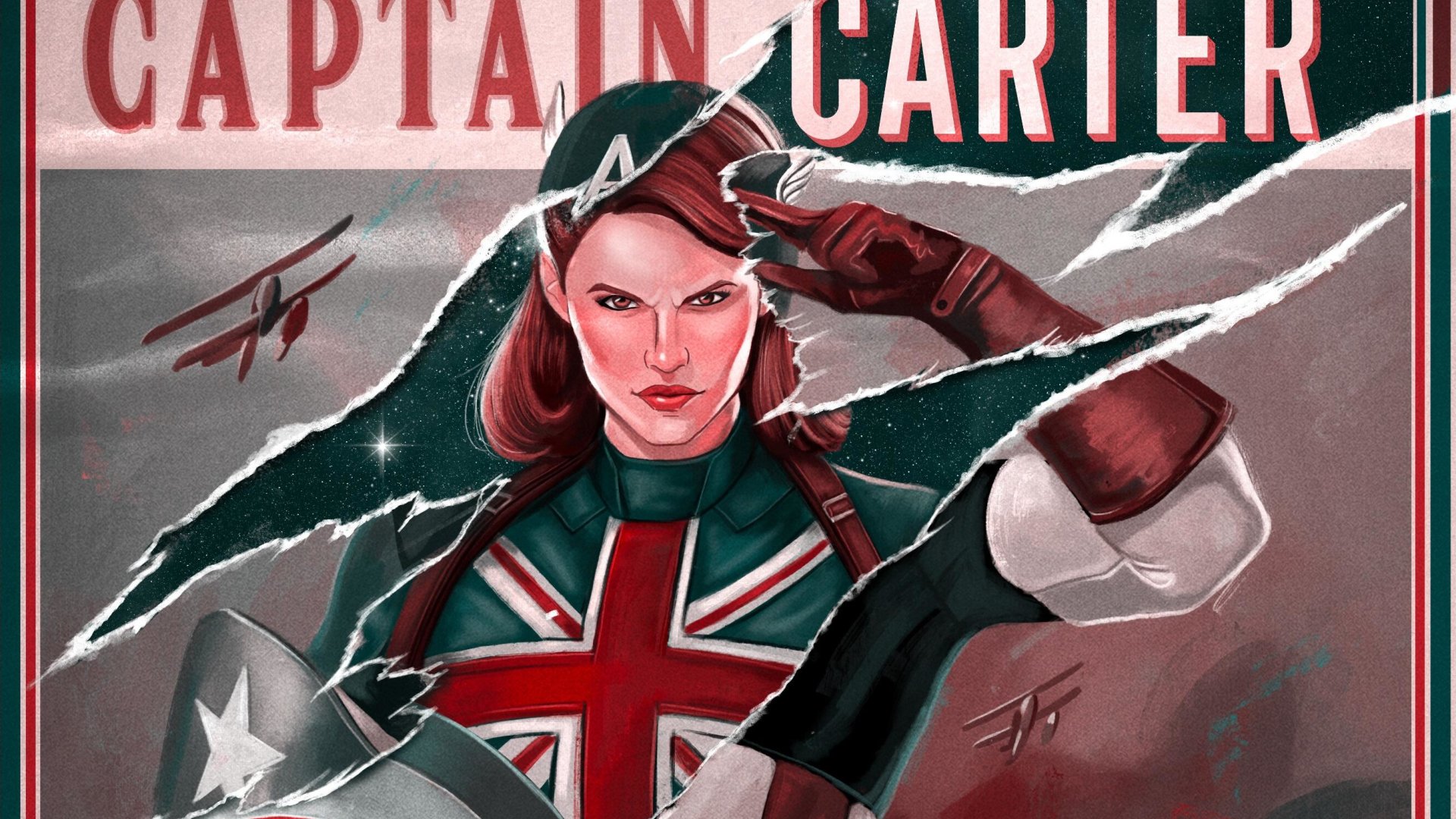 Poster-style art of Captain Carter (TV show What If....) in a Union Jack costume and helmet, saluting with her shield amid torn-paper graphics and dynamic, wartime-inspired background.