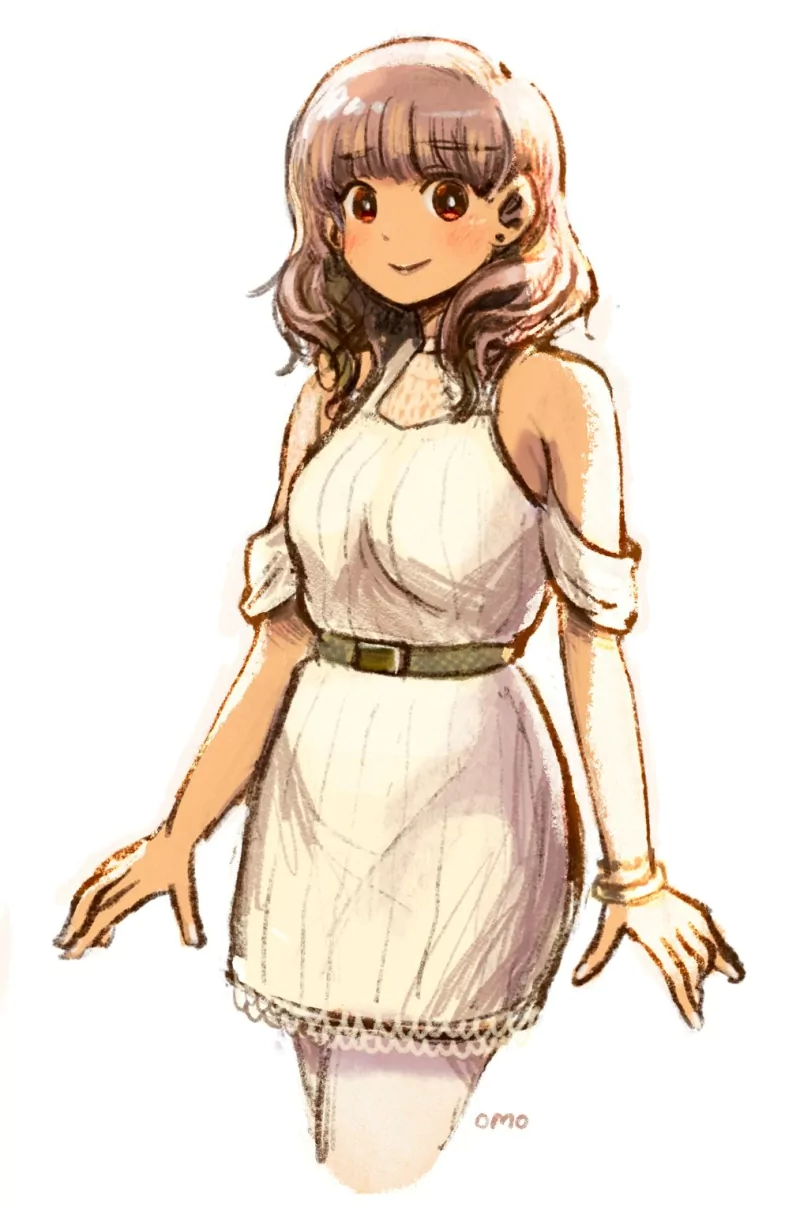 Polly (Omori) from the video game OMORI: smiling young woman in a white off-shoulder dress with a belt, wavy shoulder-length hair and warm, soft pastel shading.