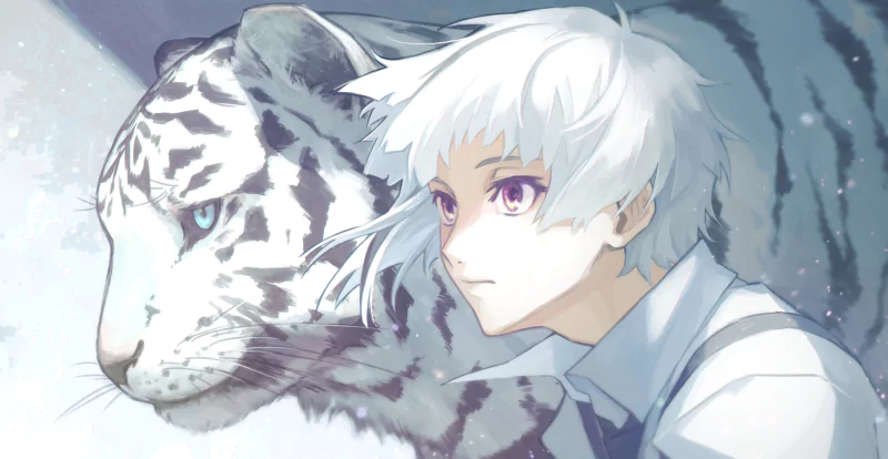 Anime-style image of Atsushi Nakajima (Bungou Stray Dogs) with pale hair and violet eyes leaning close to a large white tiger, both gazing calmly into the distance.