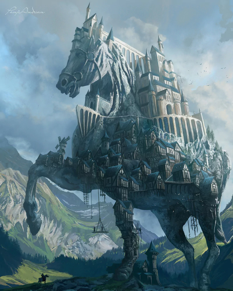A sprawling fantasy city built atop and into the massive form of a horse-shaped stone structure, set against a mountainous landscape under a cloudy sky.