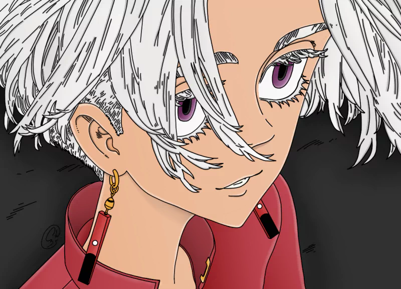 Close-up anime-style Tokyo Revengers character with white hair and purple eyes, smirking in a red jacket, wearing a dangling gold earring, pale skin set against a dark background.