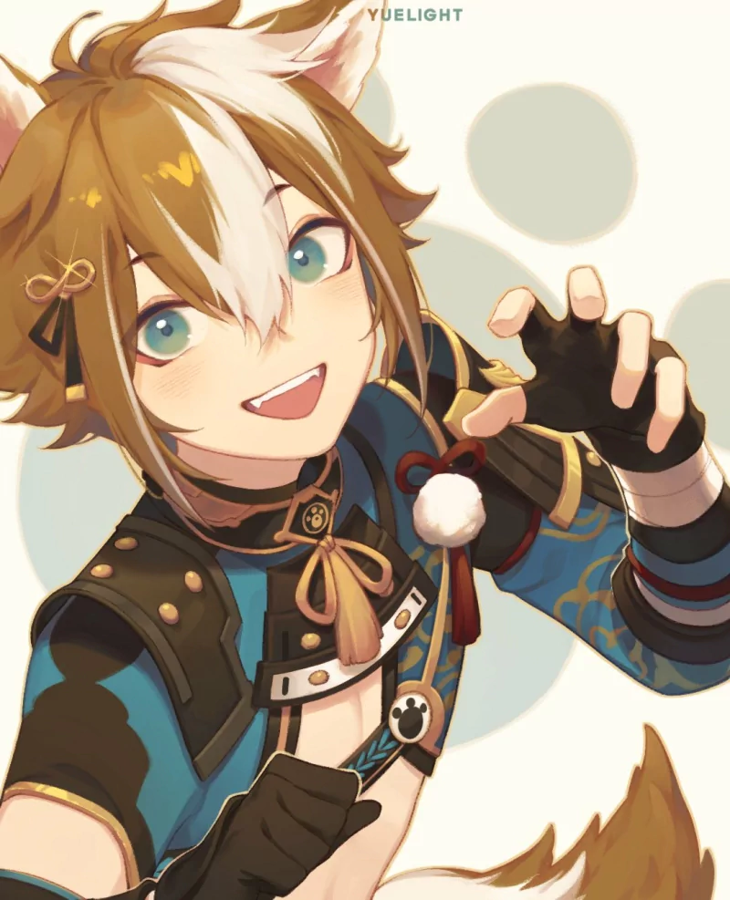 Gorou (Genshin Impact) from the video game Genshin Impact: smiling, teal-eyed and fox-eared, wearing his blue-brown battle outfit and reaching forward with a playful, paw-like gesture.
