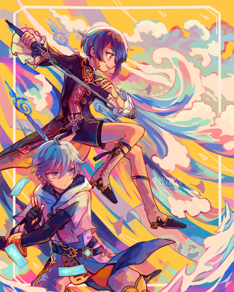 Colorful artwork of Xingqiu and Chongyun from the video game Genshin Impact, depicted with dynamic poses and vibrant swirling elemental effects.