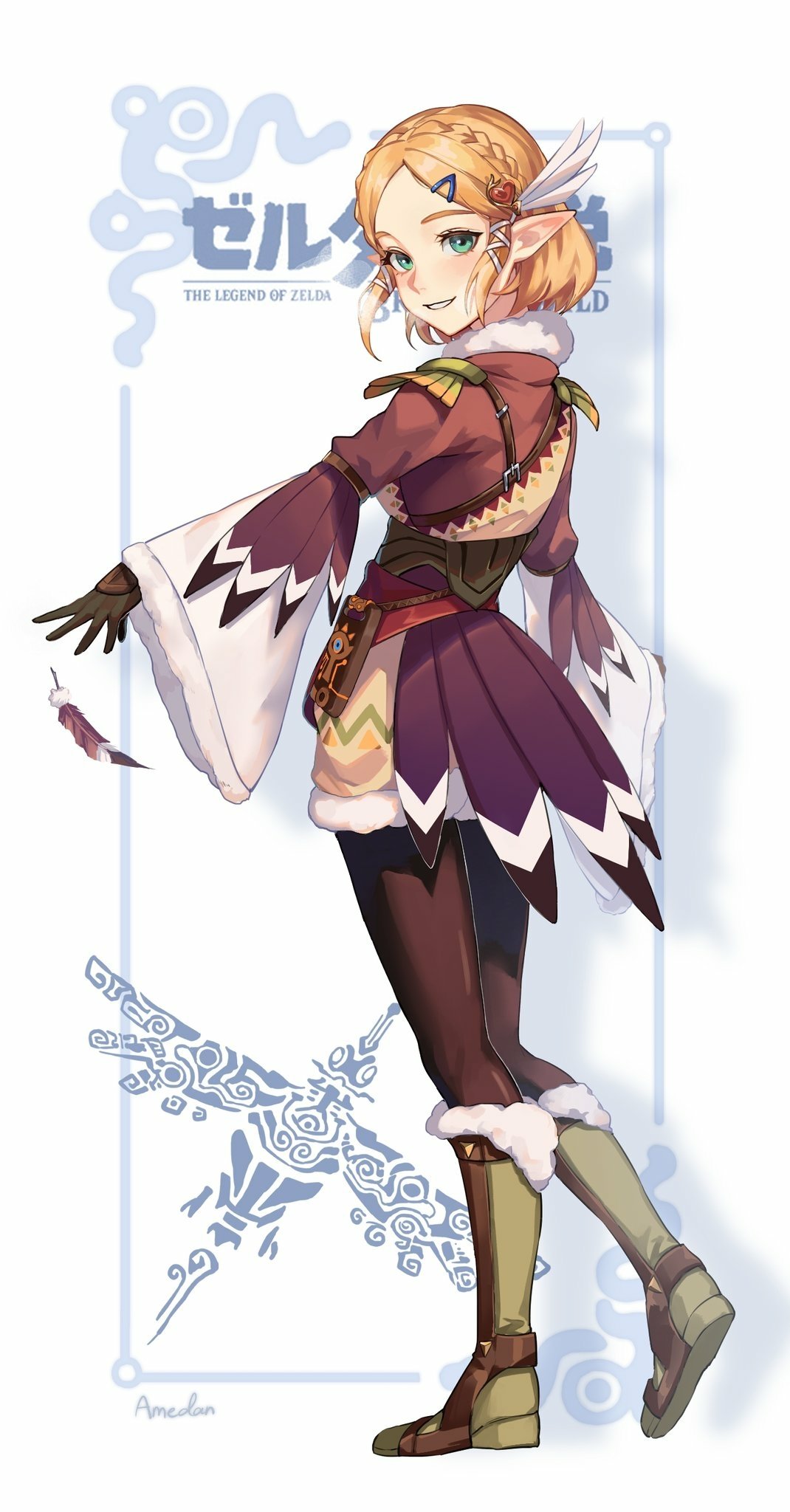 Blonde pointed‑eared Princess Zelda from the video game The Legend of Zelda: Breath of the Wild glances back in a purple travel outfit with a feathered braid.