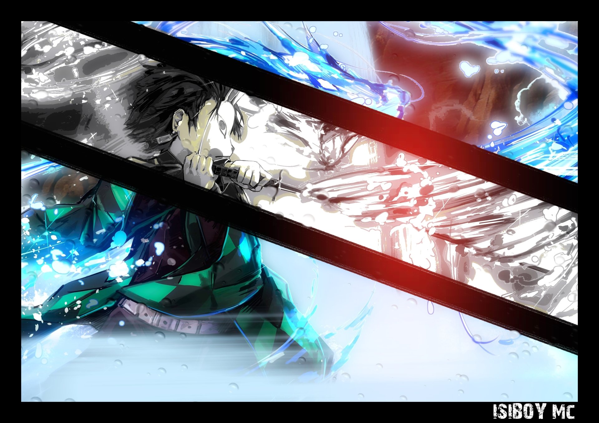 Anime, Demon Slayer: Kimetsu no Yaiba — Tanjiro Kamado strikes with his Nichirin sword; blue water-breathing waves clash with a red slash across a split-frame composition.