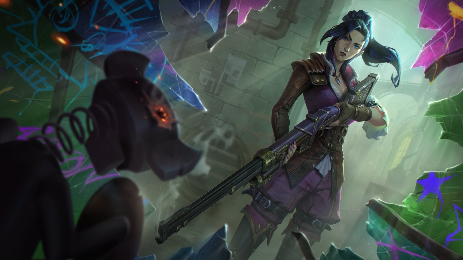 Caitlyn from League of Legends stands ready with her rifle in a vibrant, animated scene inspired by the TV show Arcane.