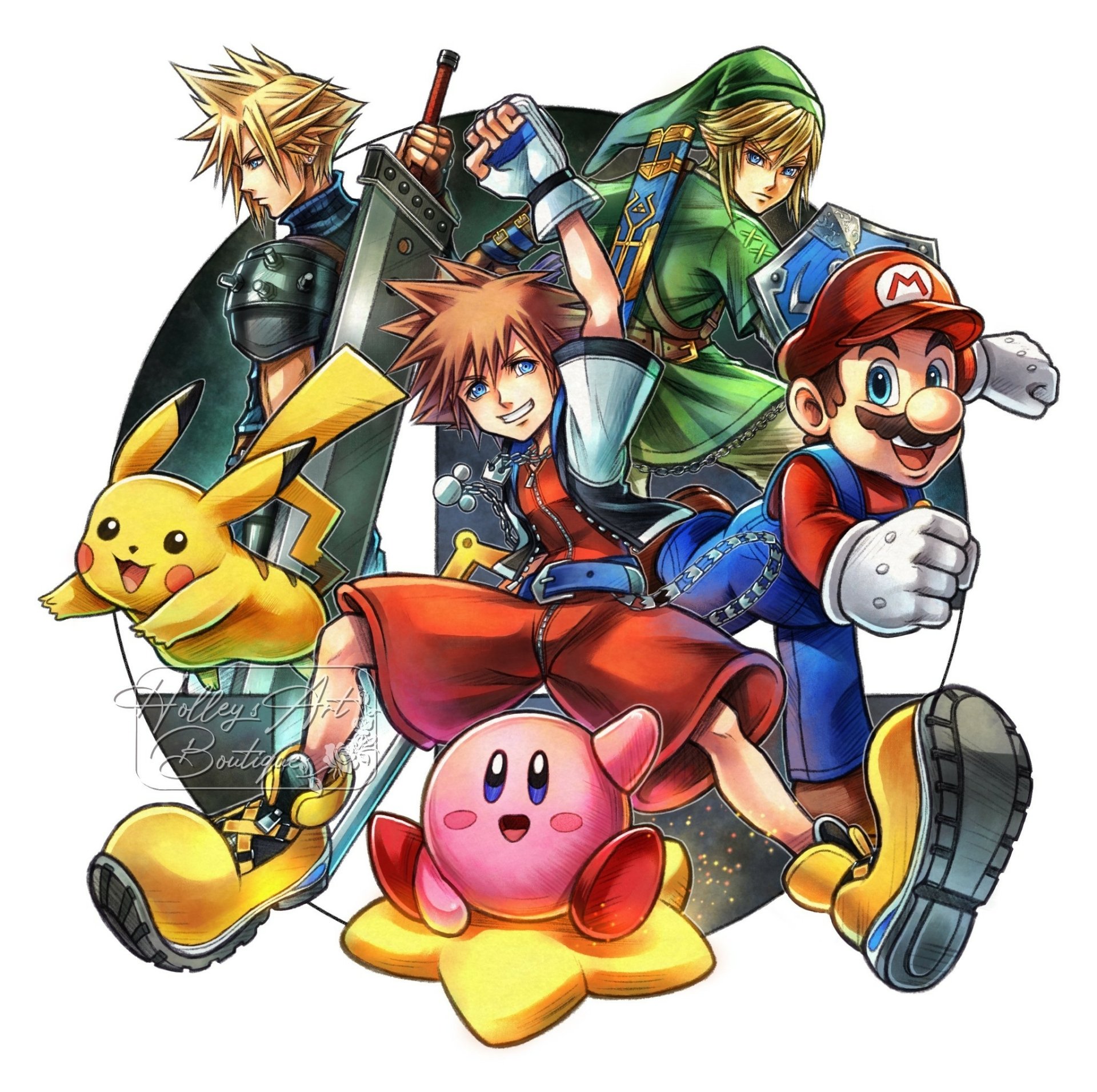 Download Kirby Pikachu Cloud Strife Link Mario Sora (Kingdom Hearts) Video Game Super Smash Bros. Ultimate Art
