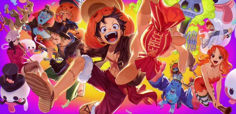 The One Piece crew—Luffy, Zoro, Nami, Sanji, Usopp, Chopper, Robin, Franky, and Brook—celebrate Halloween in vibrant anime style with costumes and festive energy.