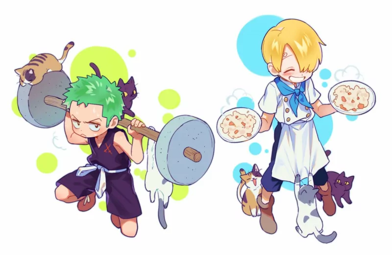 Chibi One Piece scene: Roronoa Zoro lifting a barbell and Sanji carrying plates of food, each accompanied by playful anime cats.