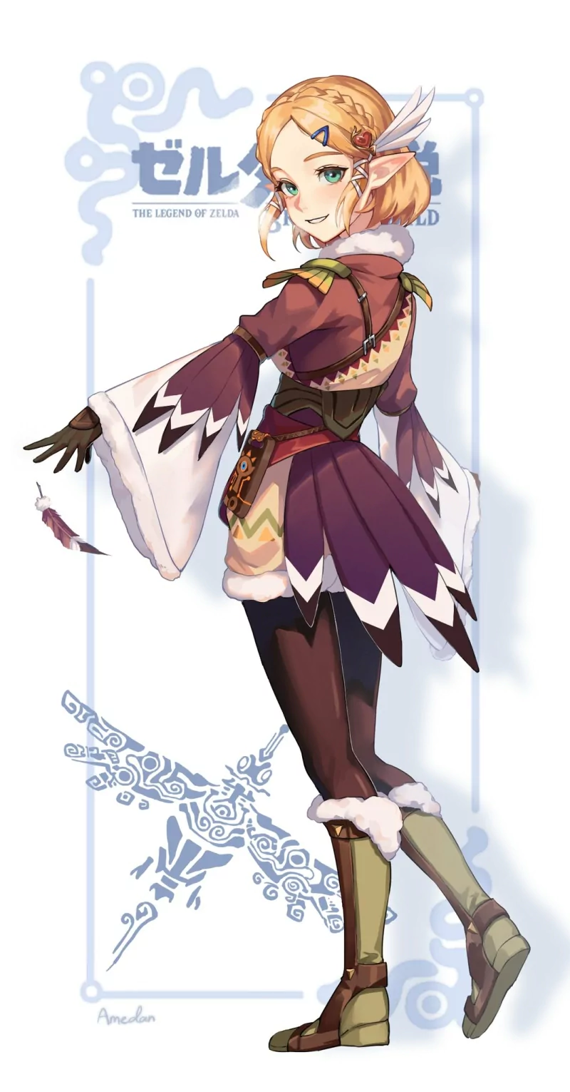 Blonde pointed‑eared Princess Zelda from the video game The Legend of Zelda: Breath of the Wild glances back in a purple travel outfit with a feathered braid.