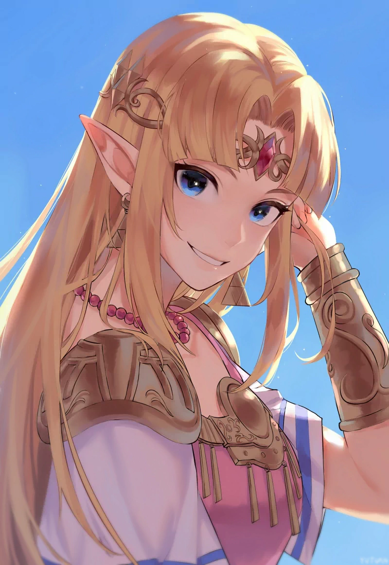 Close-up digital artwork of blonde Princess Zelda with pointed ears, wearing ornate armor and jewelry, smiling against a bright blue sky from the Super Smash Bros. video game series.