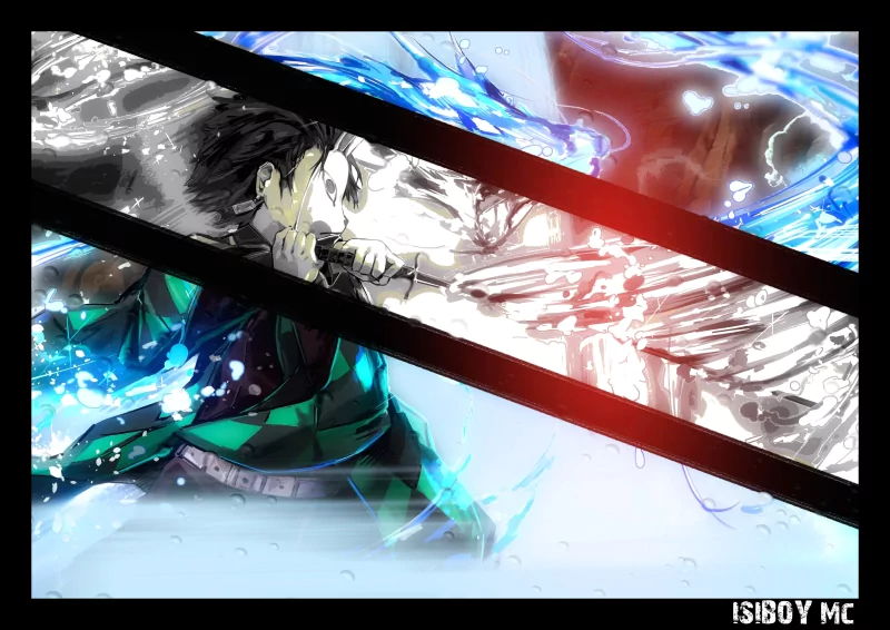 Anime, Demon Slayer: Kimetsu no Yaiba — Tanjiro Kamado strikes with his Nichirin sword; blue water-breathing waves clash with a red slash across a split-frame composition.