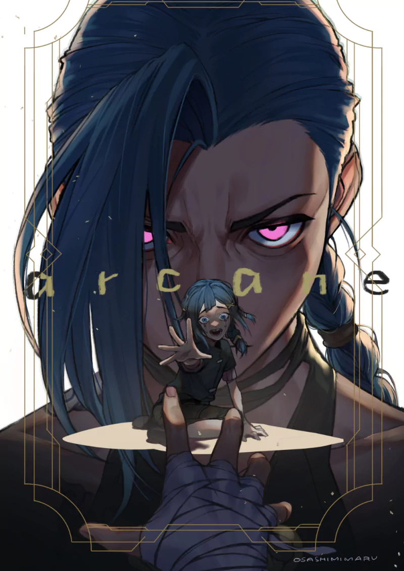 Artwork featuring Jinx from League of Legends and the TV show Arcane, showing a close-up of her intense expression with a smaller version of herself in the foreground.