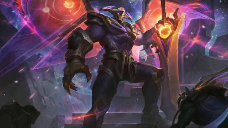Aatrox, a powerful character from the video game League of Legends, stands imposing in a cosmic, glowing environment.