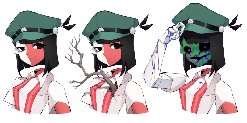 Three stylized depictions of Ena from the ENA series video game, showcasing her wearing a green hat and white outfit, with variations in facial expressions and features.