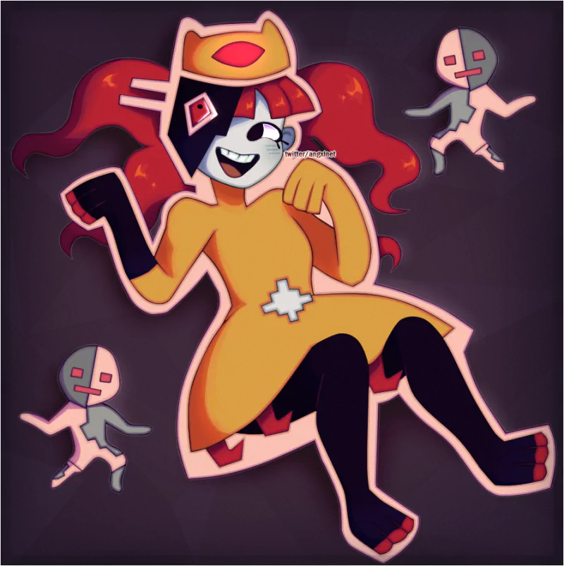 Illustration of Taski Maiden from the ENA video game series, featuring her orange outfit, playful pose, and two small abstract figures floating nearby.