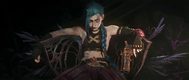 Jinx (League of Legends) from the TV show Arcane, seated in a shadowy throne-like setting, blue braided hair, skull crop top, smirking while holding a pistol.