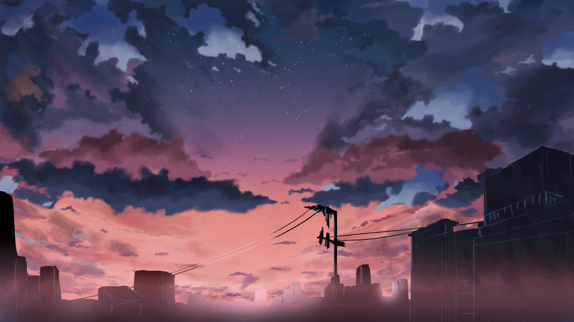 Anime-style cityscape beneath a dramatic Sky Anime sunset: pink and indigo clouds fill the sky above silhouetted buildings and power lines.