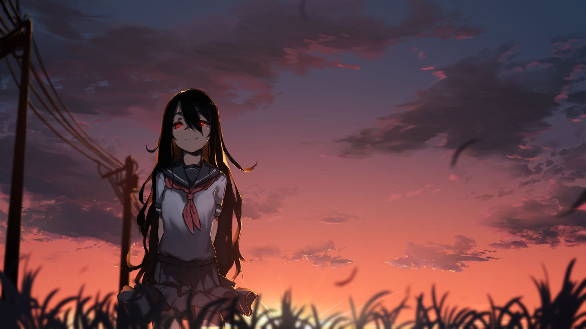 An anime girl with long black hair and striking red eyes stands in a field at sunset, the vibrant sky reflecting her mysterious aura as clouds drift overhead.