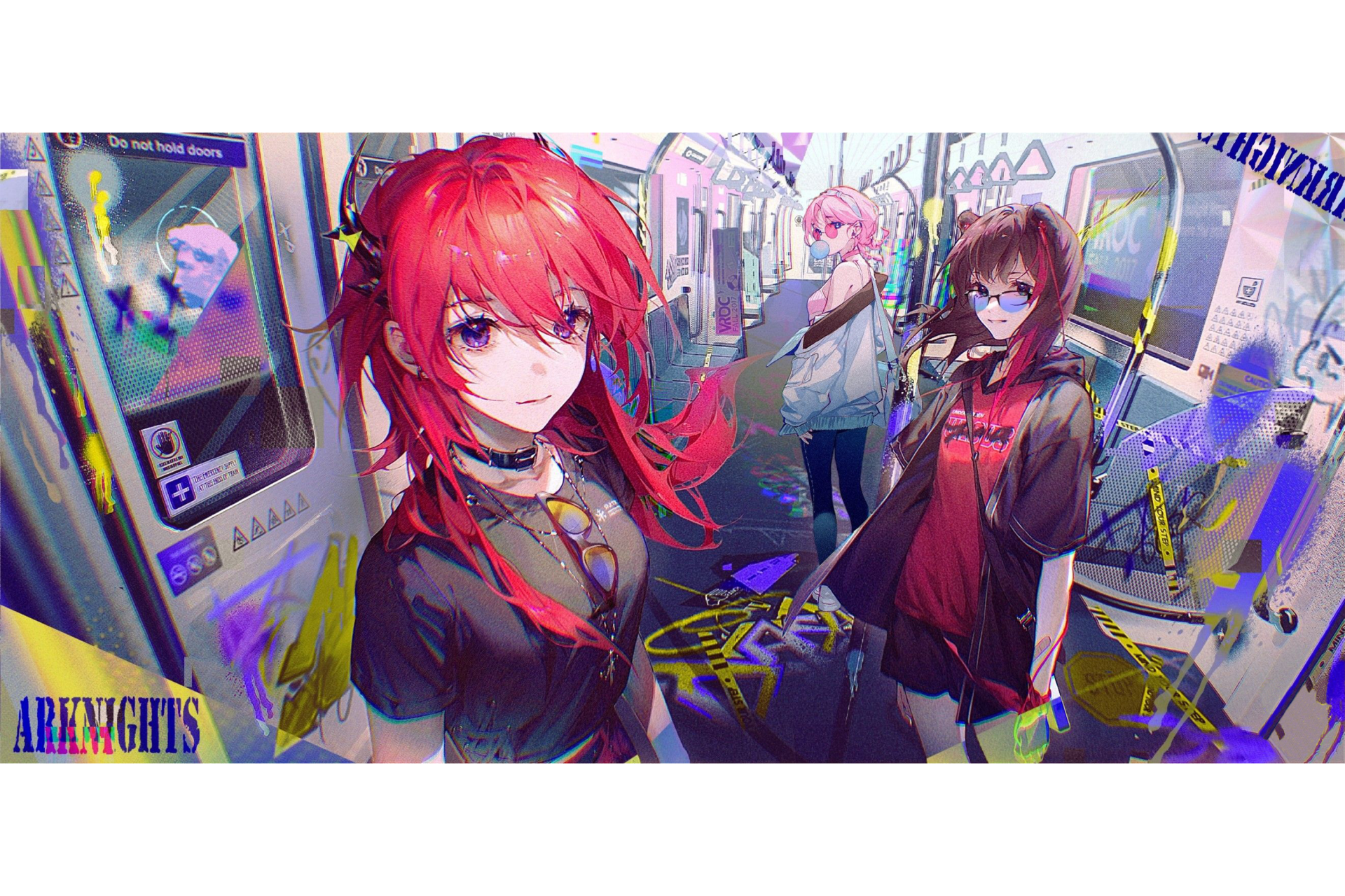 Surtr from the video game Arknights poses confidently inside a futuristic train car with two other characters, featuring vibrant colors and dynamic lighting.
