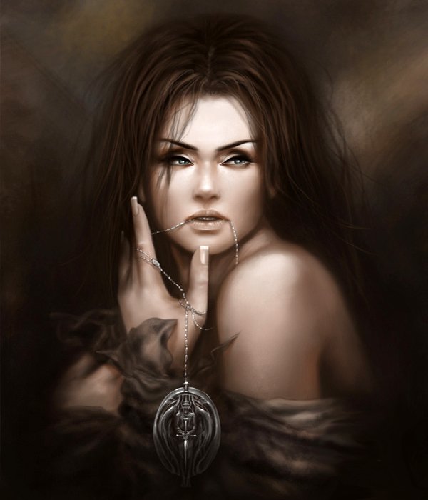 A fantasy-themed portrait of a woman with long hair, gazing intently while holding a pendant. The soft, dark background enhances her mysterious allure.