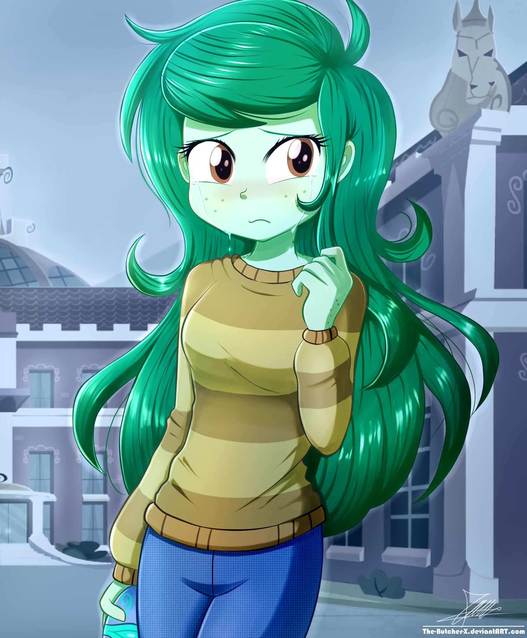 Wallflower Blush from the movie My Little Pony: Equestria Girls - Forgotten Friendship — shy, green-haired, freckled girl in a striped sweater and jeans standing before a school.