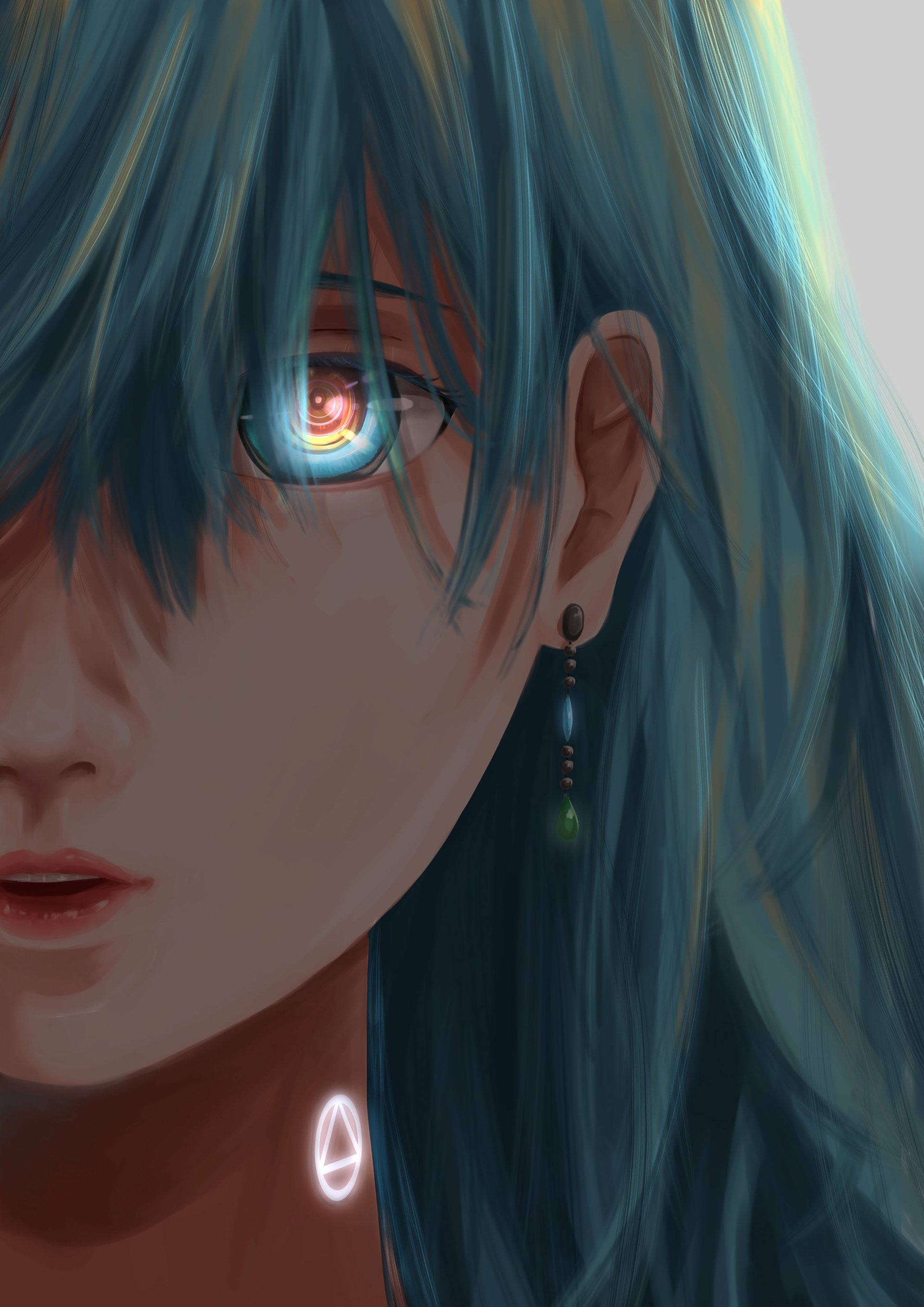 Close-up anime portrait of Vivy from Vivy: Fluorite Eye's Song — teal-blue hair, a glowing fluorite eye, dangling earring, and a small luminescent symbol at her neck.