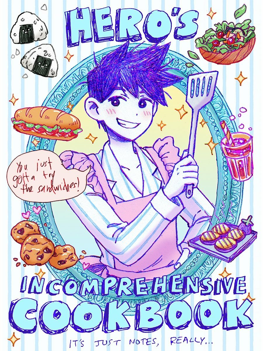 Cookbook-style illustration of Hero from the video game OMORI, smiling in an apron holding a spatula, surrounded by a sandwich, onigiri, salad, cookies and a drink.