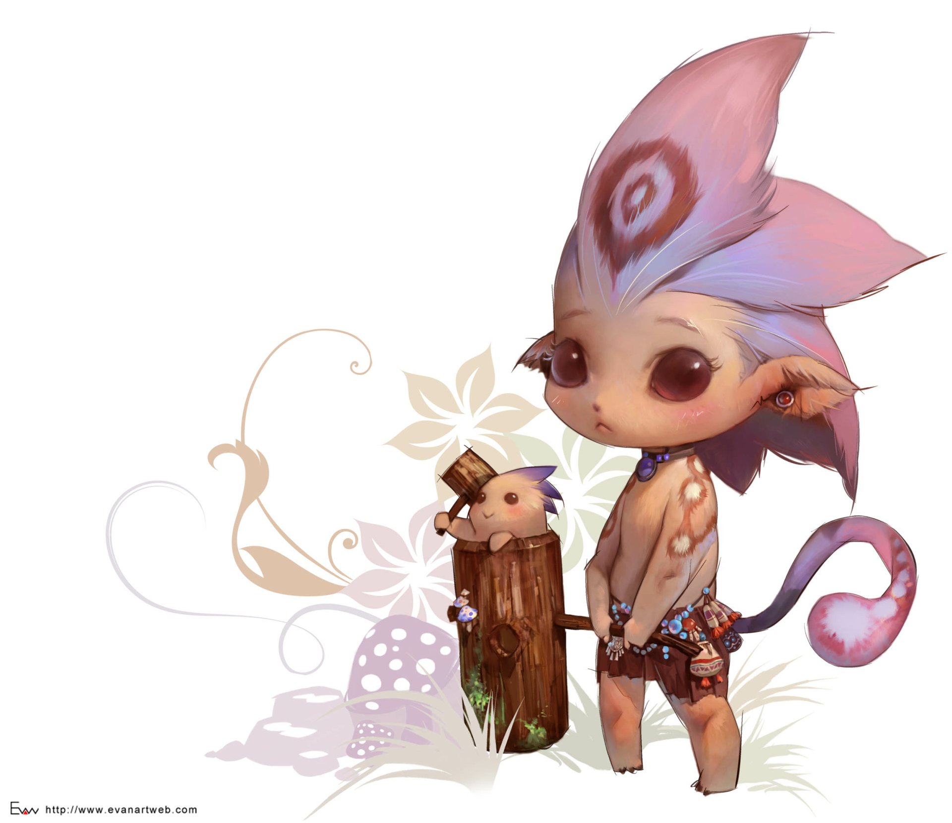 Fantasy illustration character design: a whimsical big-eyed creature with pink-blue crest and curled tail, standing by a wooden post with a small hammer.