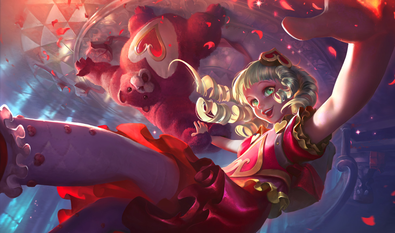 Annie, a character from League of Legends, playfully interacts with her teddy bear in a colorful, dynamic scene filled with swirling lights and vibrant colors.