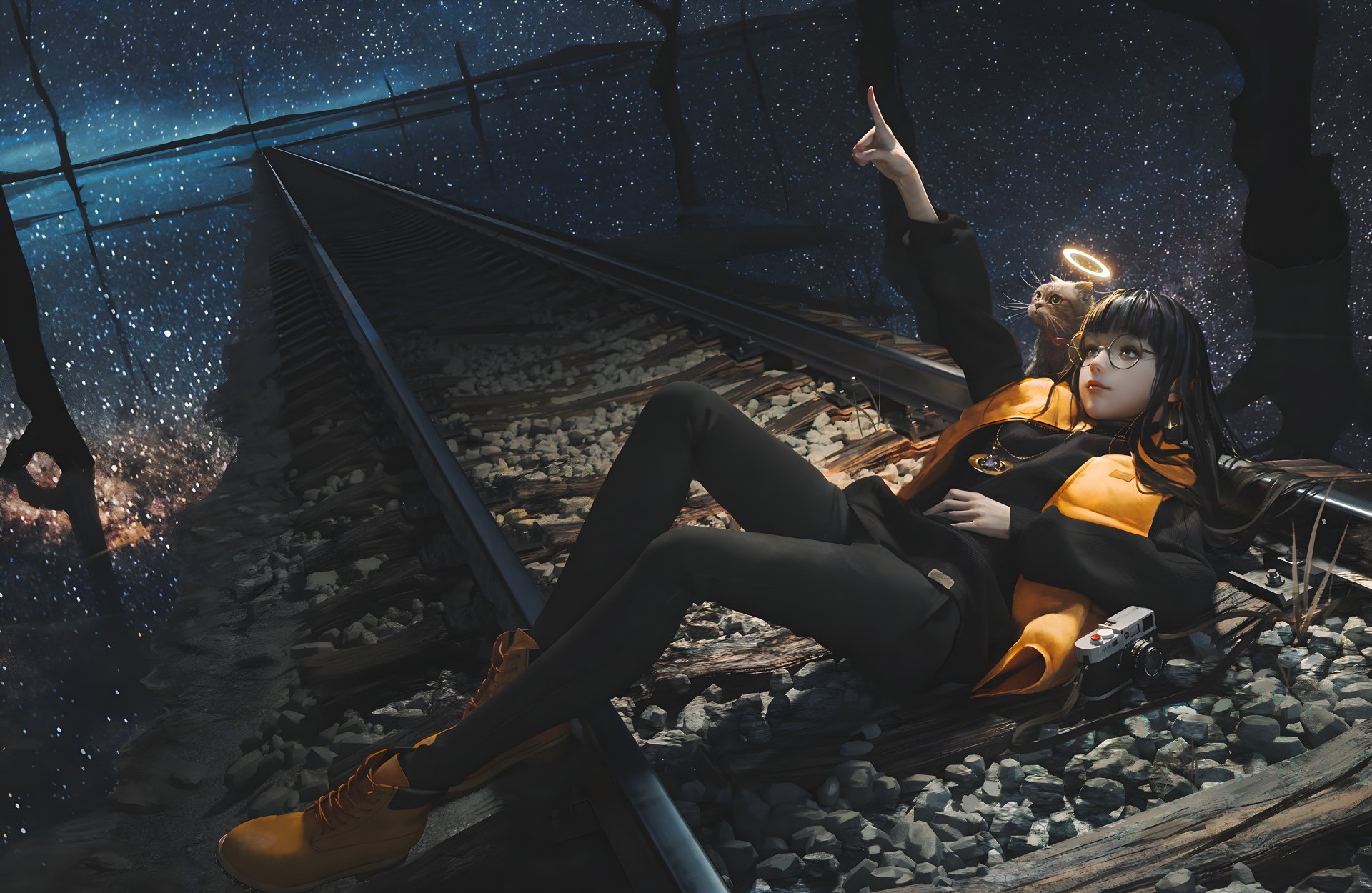 Download Railroad Cat Fantasy Woman Art