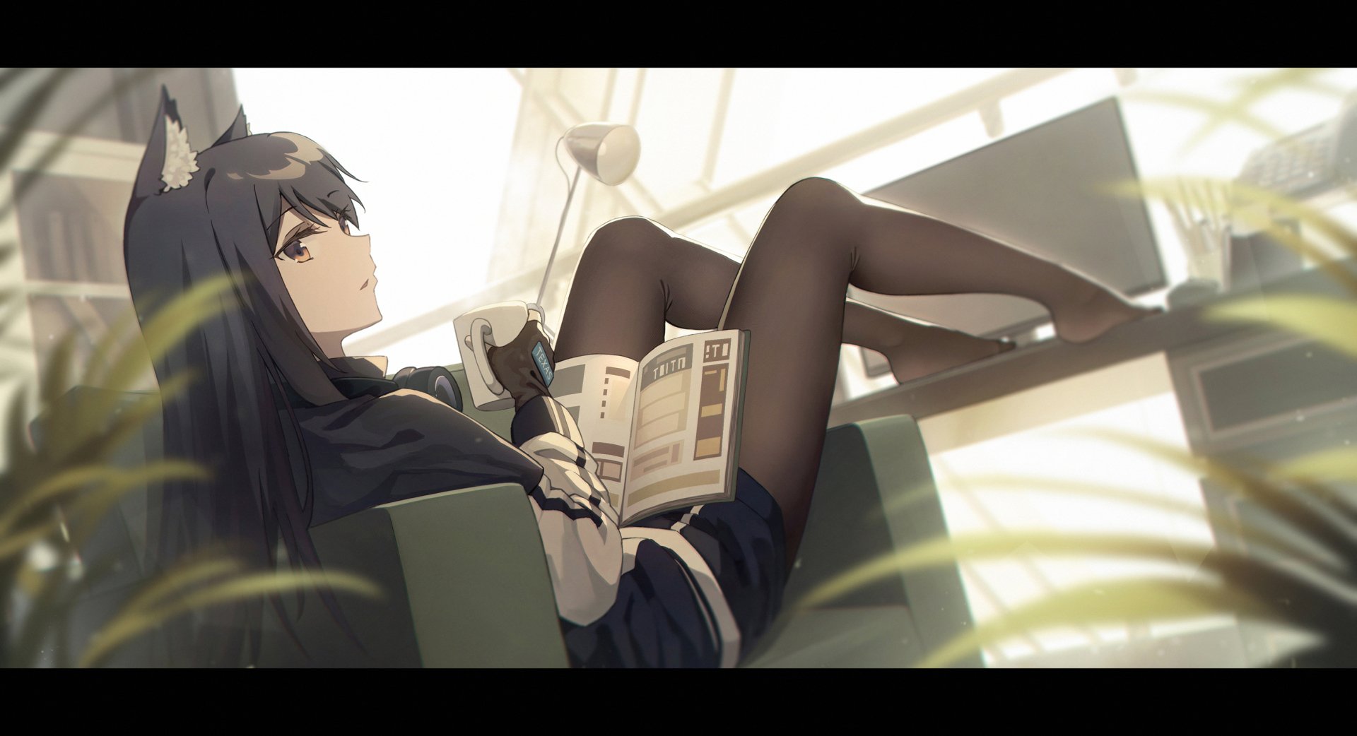 Texas (Arknights) lounges on a sunlit sofa, wolf ears and dark hair, reading a book with her legs up in stockings — stylized Arknights video game artwork.