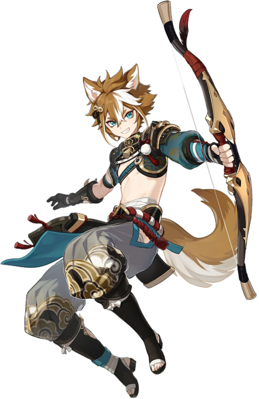 Gorou (Genshin Impact) — video game character: fox-eared archer in teal and gold armor, bow drawn, bushy tail, energetic airborne pose.