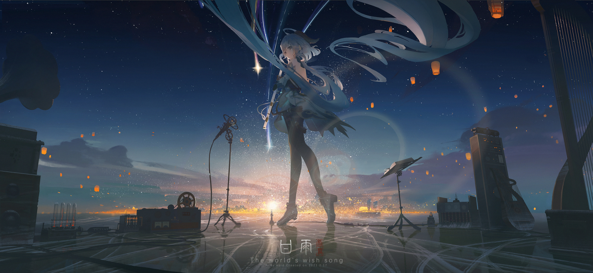 Ganyu from Genshin Impact stands gracefully against a twilight backdrop, surrounded by ethereal lights and instruments, capturing the game's enchanting atmosphere.