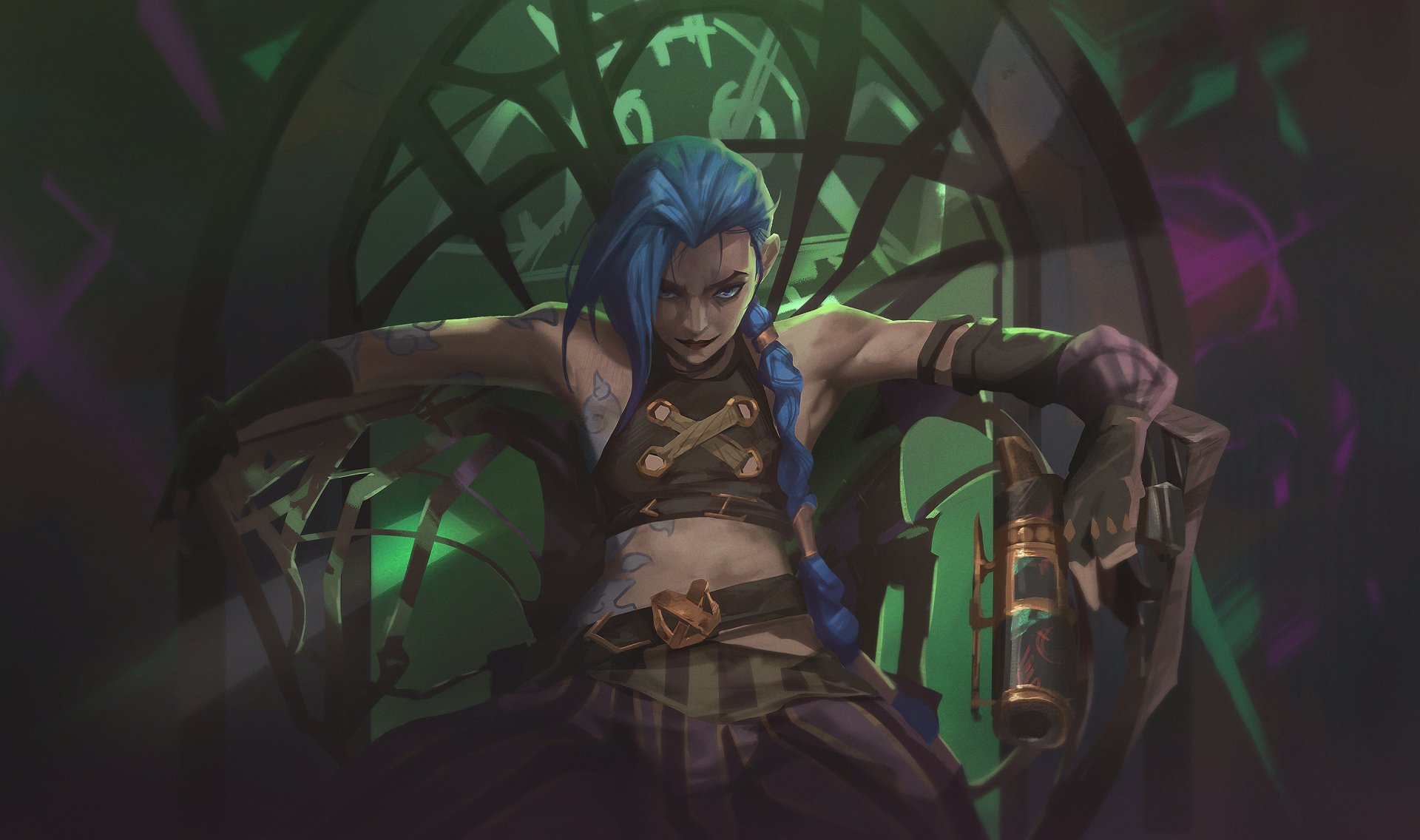 Jinx (League of Legends) from the TV show Arcane sits in a dark throne, blue braided hair, smirking and holding explosives amid green and purple light.